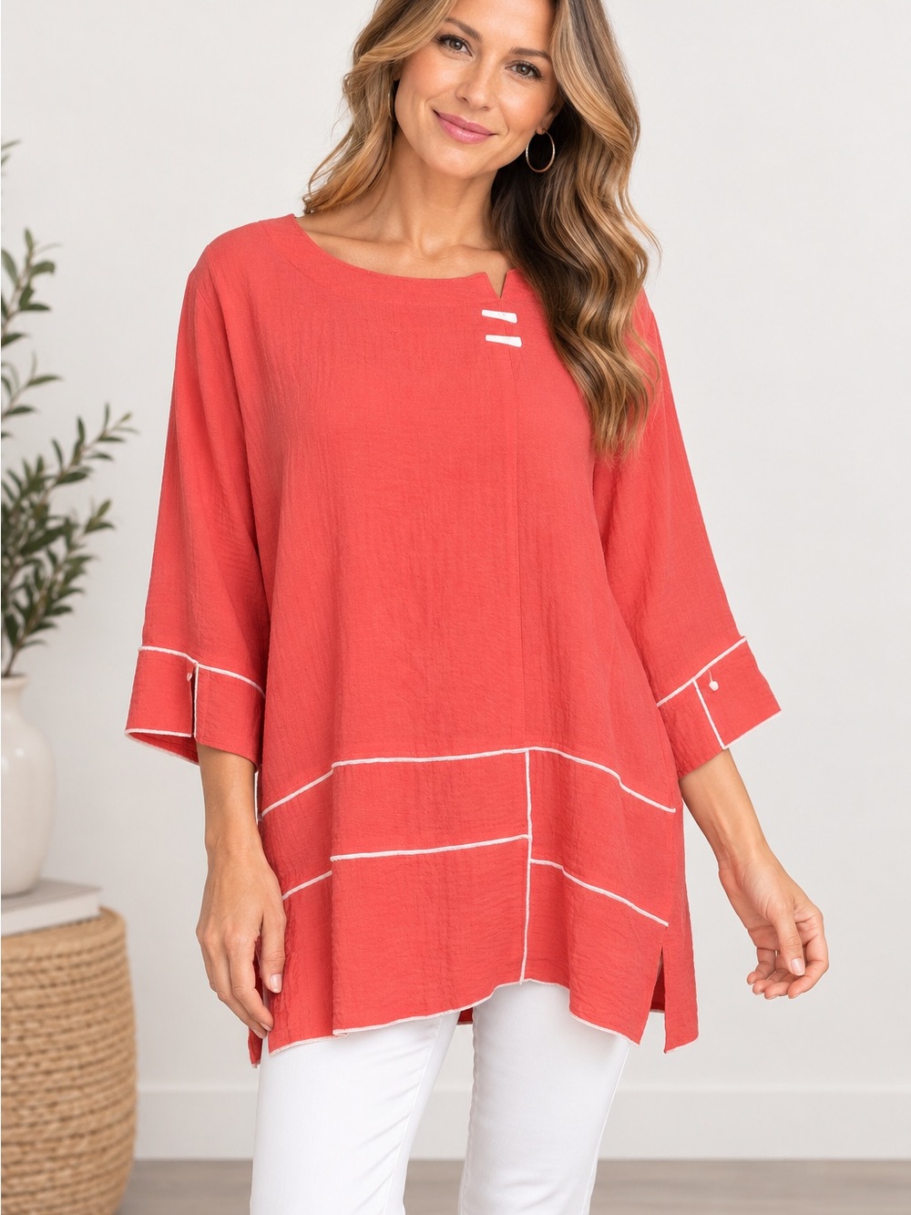 Ali Miles Top Size Medium 3/4 Sleeves White Button Peach Black Artsy Lagenlook